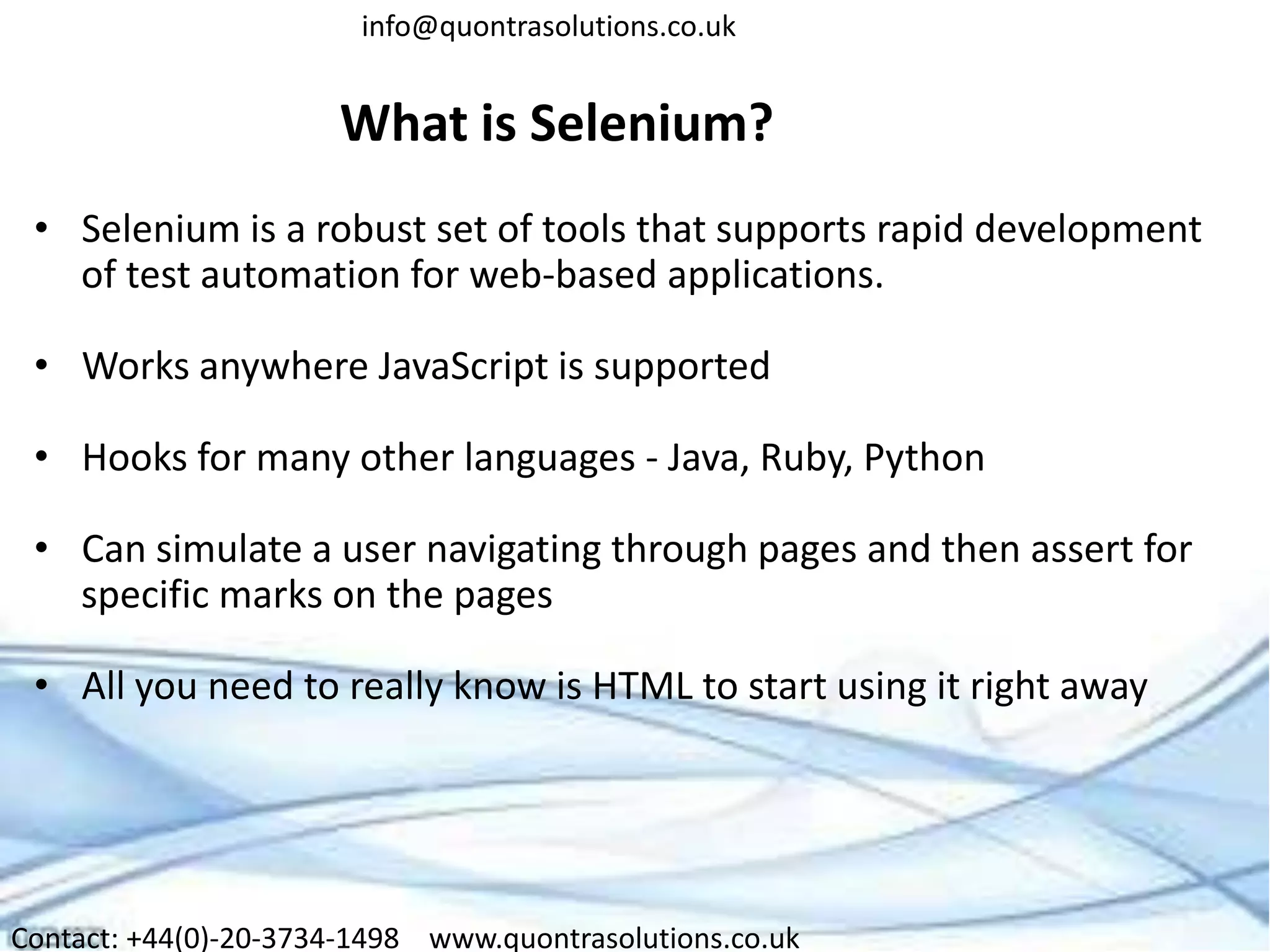 Selenium overview ppt by quontra solutions | PPTX | Browsers | Computer ...
