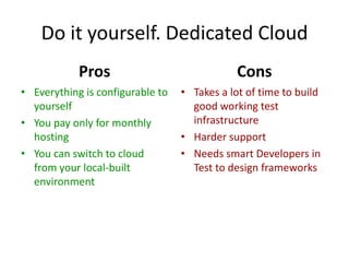 Do it yourself. Dedicated Cloud
            Pros                              Cons
• Everything is configurable to   • Takes a lot of time to build
  yourself                          good working test
• You pay only for monthly          infrastructure
  hosting                         • Harder support
• You can switch to cloud         • Needs smart Developers in
  from your local-built             Test to design frameworks
  environment
 
