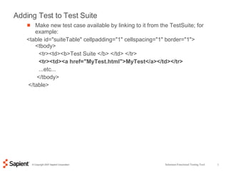 Adding Test to Test Suite ,[object Object],[object Object],[object Object],[object Object],[object Object],[object Object],[object Object],Selenium-Functional Testing Tool 