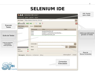 5


                    SELENIUM IDE
                                             URL Padrão
                                             para o teste




    Executar
     Testes


                                          Indica que está sendo
                                            gravado um testes
Suíte de Testes



Lista de comandos
    Executados
 nessa gravação




                                              Área de
                                          Novos Comandos




                             Comandos
                             Executados
 
