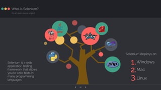 ‹ ›12
What is Selenium?
It is an open-source project!
1.Windows
2.Mac
3.Linux
Selenium is a web
application testing
framework that allows
you to write tests in
many programming
languages
Selenium deploys on
 