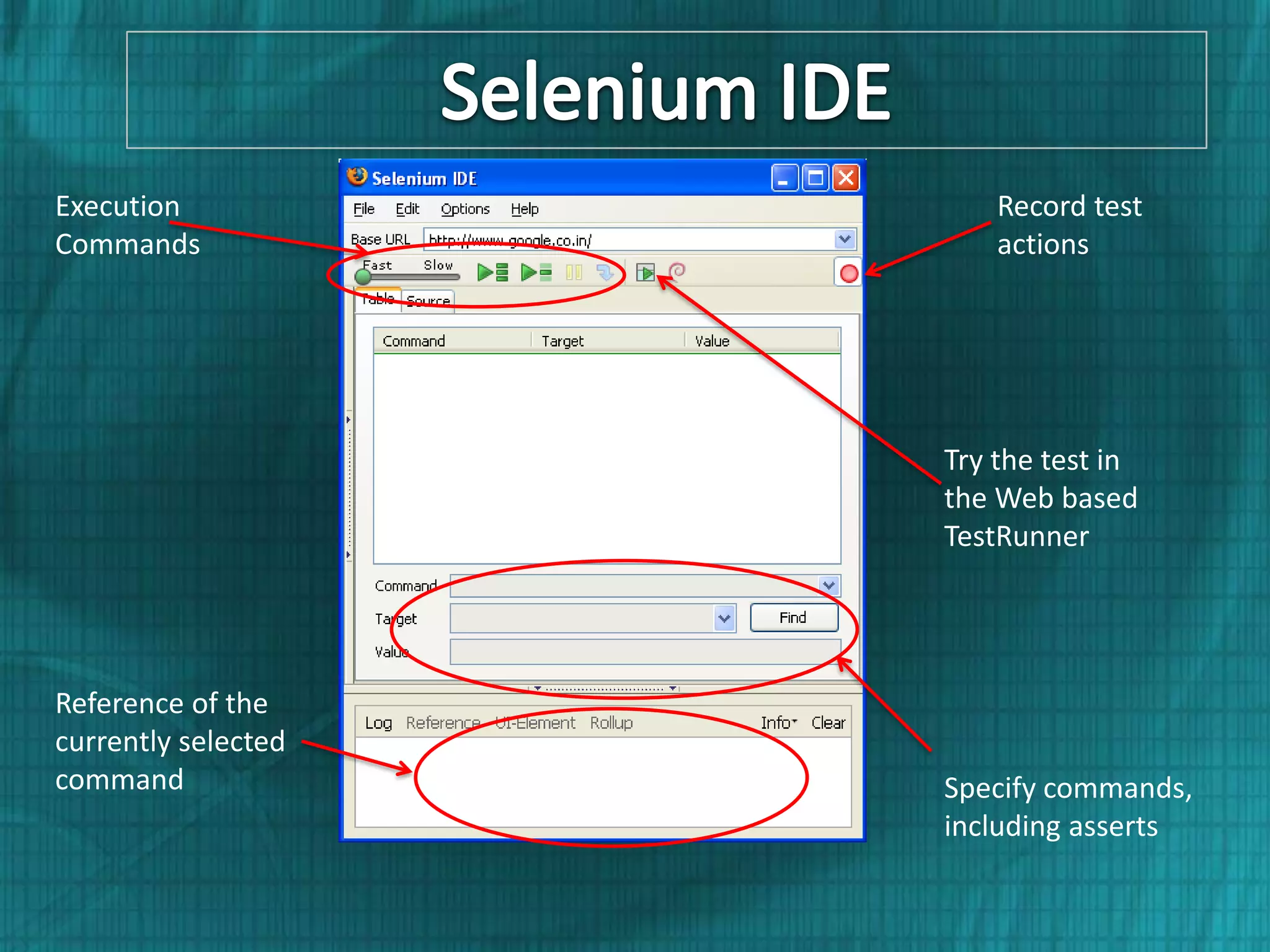 Execution Record test Commands actions Try the test in the Web based TestRunner Reference of the currently selected command Specify commands, including asserts 