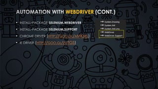 WEBDRIVER 
• 
• 
• HTTP://GOO.GL/AMKSRL 
• HTTP://GOO.GL/ZVITGS 
 