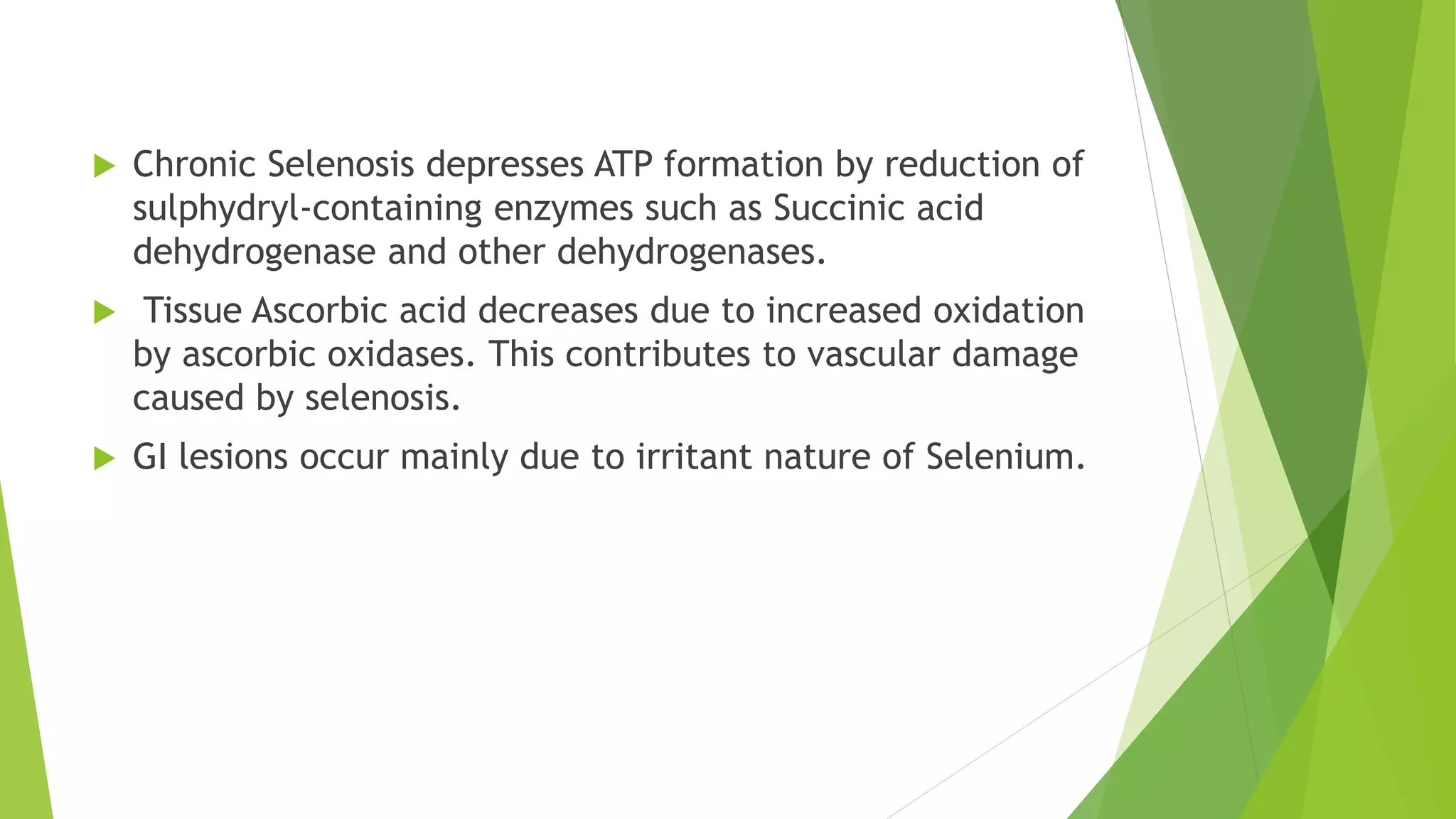  Chronic Selenosis depresses ATP formation by reduction of
sulphydryl-containing enzymes such as Succinic acid
dehydrogenase and other dehydrogenases.
 Tissue Ascorbic acid decreases due to increased oxidation
by ascorbic oxidases. This contributes to vascular damage
caused by selenosis.
 GI lesions occur mainly due to irritant nature of Selenium.
 