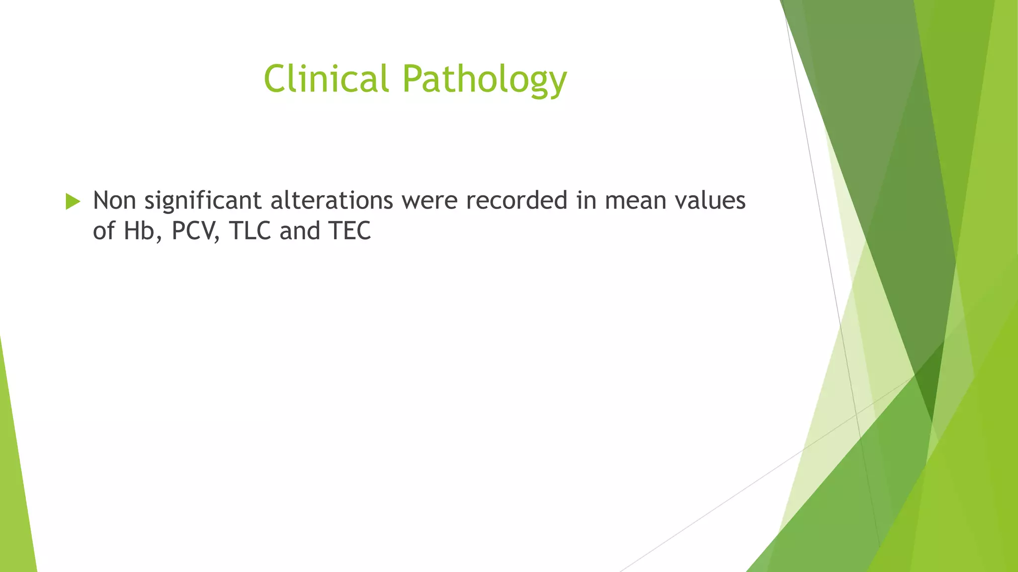 Clinical Pathology
 Non significant alterations were recorded in mean values
of Hb, PCV, TLC and TEC
 