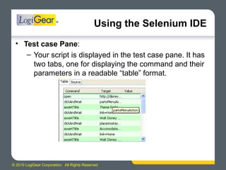 © 2010 LogiGear Corporation. All Rights Reserved
Using the Selenium IDE
• Test case Pane:
– Your script is displayed in the test case pane. It has
two tabs, one for displaying the command and their
parameters in a readable “table” format.
 