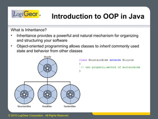 © 2010 LogiGear Corporation. All Rights Reserved
Introduction to OOP in Java
What is Inheritance?
• Inheritance provides a powerful and natural mechanism for organizing
and structuring your software
• Object-oriented programming allows classes to inherit commonly used
state and behavior from other classes
 