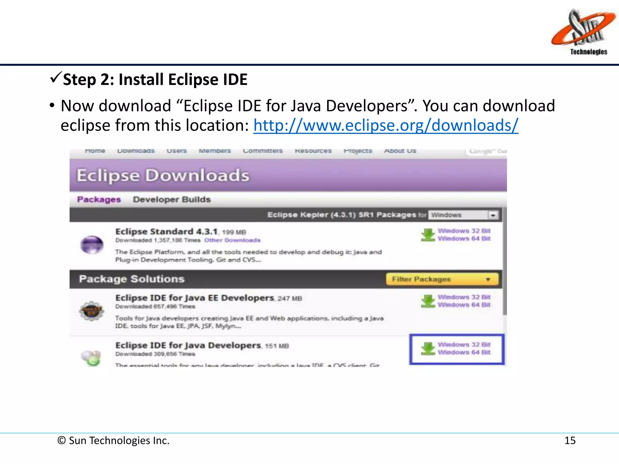 Step 2: Install Eclipse IDE
• Now download “Eclipse IDE for Java Developers”. You can download
eclipse from this location: http://www.eclipse.org/downloads/
© Sun Technologies Inc. 15
 