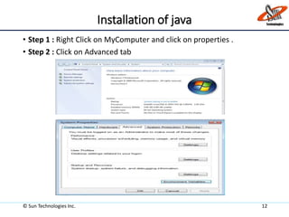 Installation of java
• Step 1 : Right Click on MyComputer and click on properties .
• Step 2 : Click on Advanced tab
© Sun Technologies Inc. 12
 