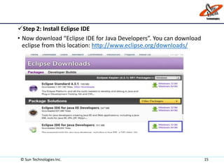 Step 2: Install Eclipse IDE
• Now download “Eclipse IDE for Java Developers”. You can download
eclipse from this location: http://www.eclipse.org/downloads/
© Sun Technologies Inc. 15
 