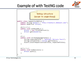 Example of with TestNG code
© Sun Technologies Inc. 42
 