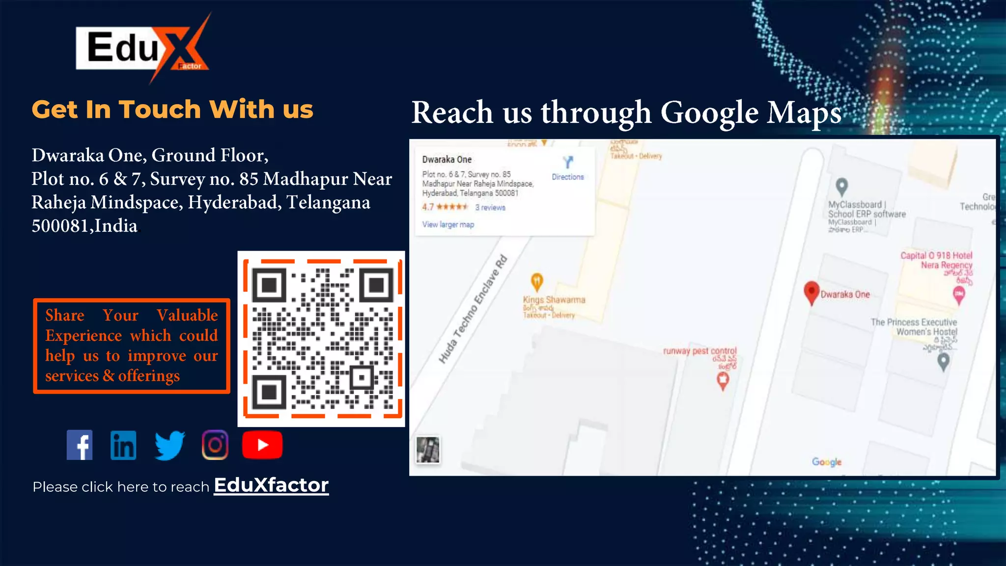 CREDITS: This presentation template was
created by Slidesgo, including icons by Flaticon,
and infographics & images by Freepik.
Get In Touch With us
Please click here to reach EduXfactor
 