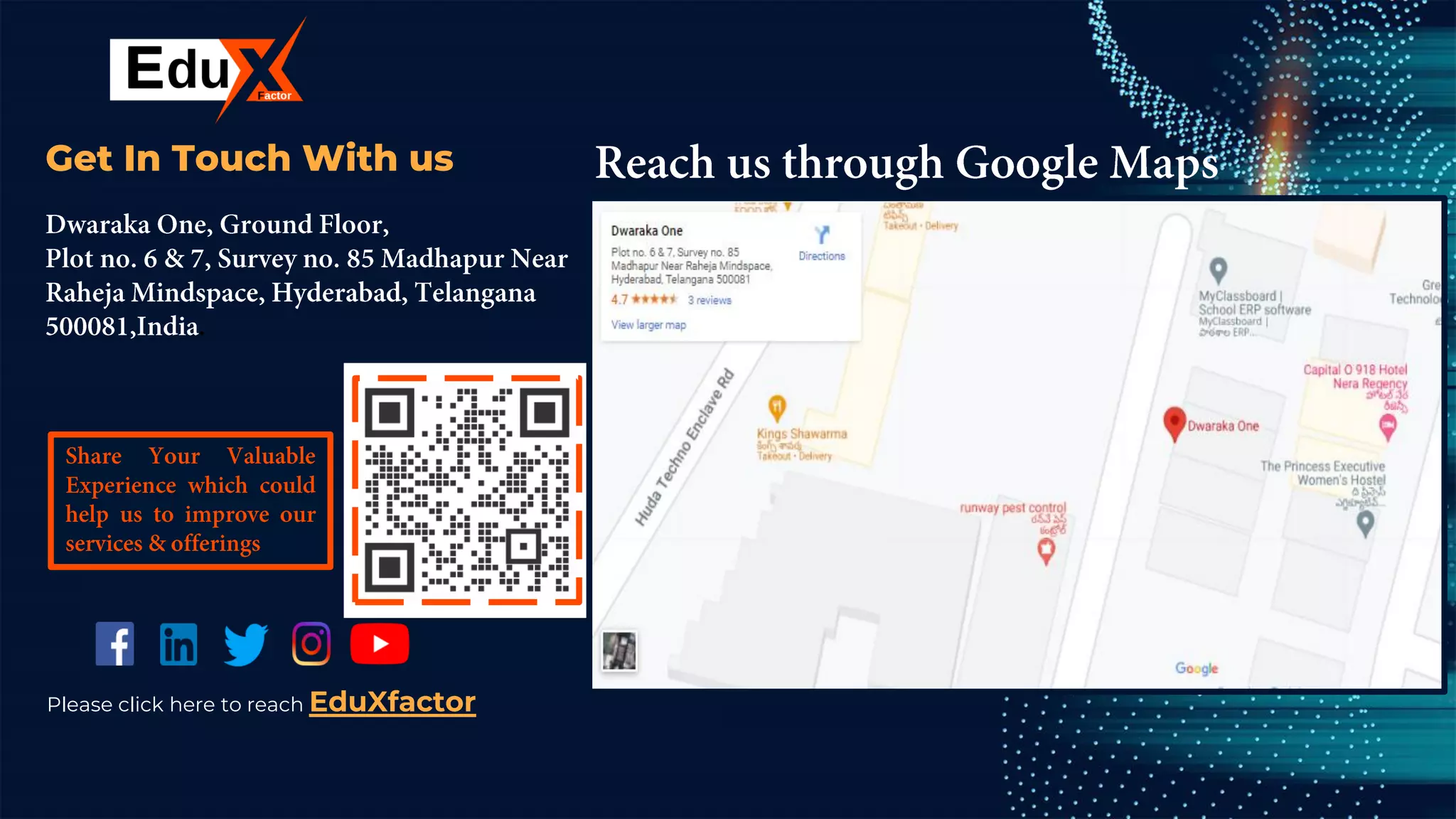 CREDITS: This presentation template was
created by Slidesgo, including icons by Flaticon,
and infographics & images by Freepik.
Get In Touch With us
Please click here to reach EduXfactor
 