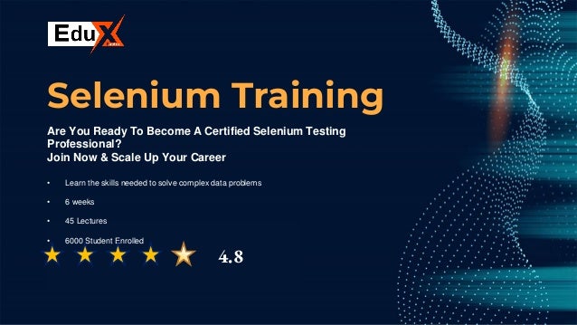 CREDITS: This presentation template was
created by Slidesgo, including icons by Flaticon,
and infographics & images by Freepik.
Are You Ready To Become A Certified Selenium Testing
Professional?
Join Now & Scale Up Your Career
• Learn the skills needed to solve complex data problems
• 6 weeks
• 45 Lectures
• 6000 Student Enrolled
Selenium Training
4.8
 