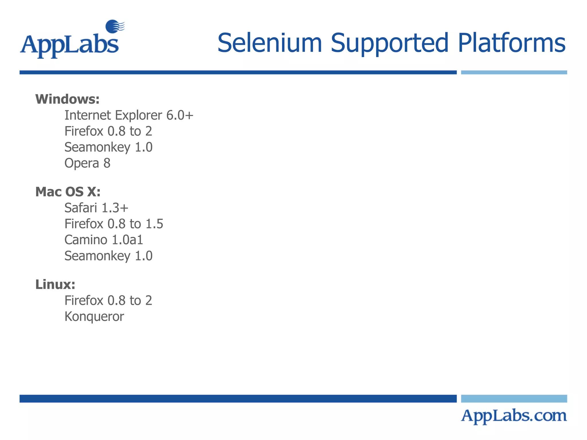 Selenium Supported Platforms Windows: Internet Explorer 6.0+ Firefox 0.8 to 2 Seamonkey 1.0 Opera 8 Mac OS X:  Safari 1.3+  Firefox 0.8 to 1.5 Camino 1.0a1  Seamonkey 1.0  Linux:  Firefox 0.8 to 2 Konqueror 