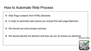 How to Automate Web Process
❖ Web Page contains from HTML Elements
❖ In order to automate web actions you should find web page Elements
❖ We should use some locator technics
❖ We should identify the element and then we can do actions on elements
Simona Pitam
 