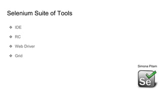 Selenium Suite of Tools
❖ IDE
❖ RC
❖ Web Driver
❖ Grid
Simona Pitam
 