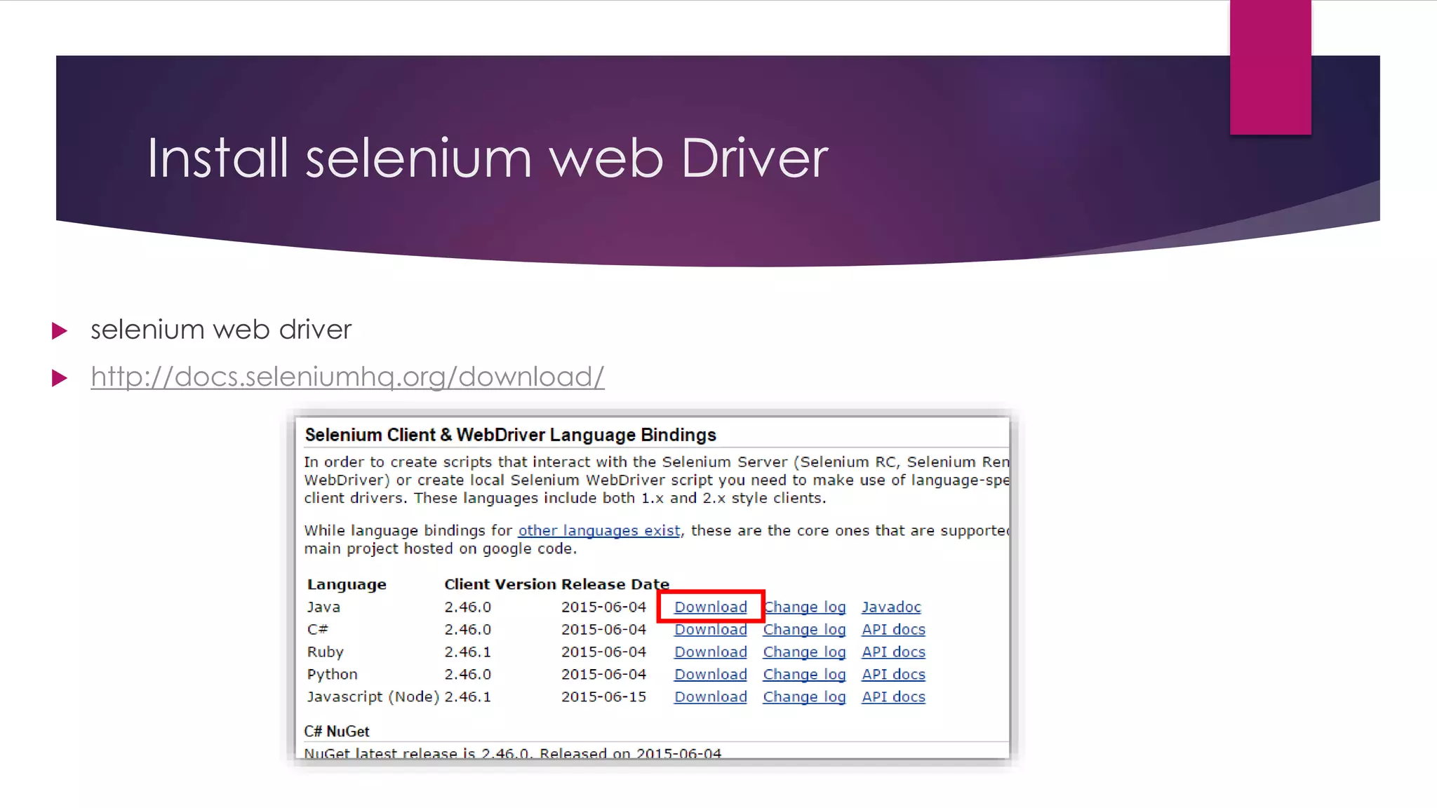 Install selenium web Driver
 selenium web driver
 http://docs.seleniumhq.org/download/
 