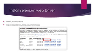 Install selenium web Driver
 selenium web driver
 http://docs.seleniumhq.org/download/
 