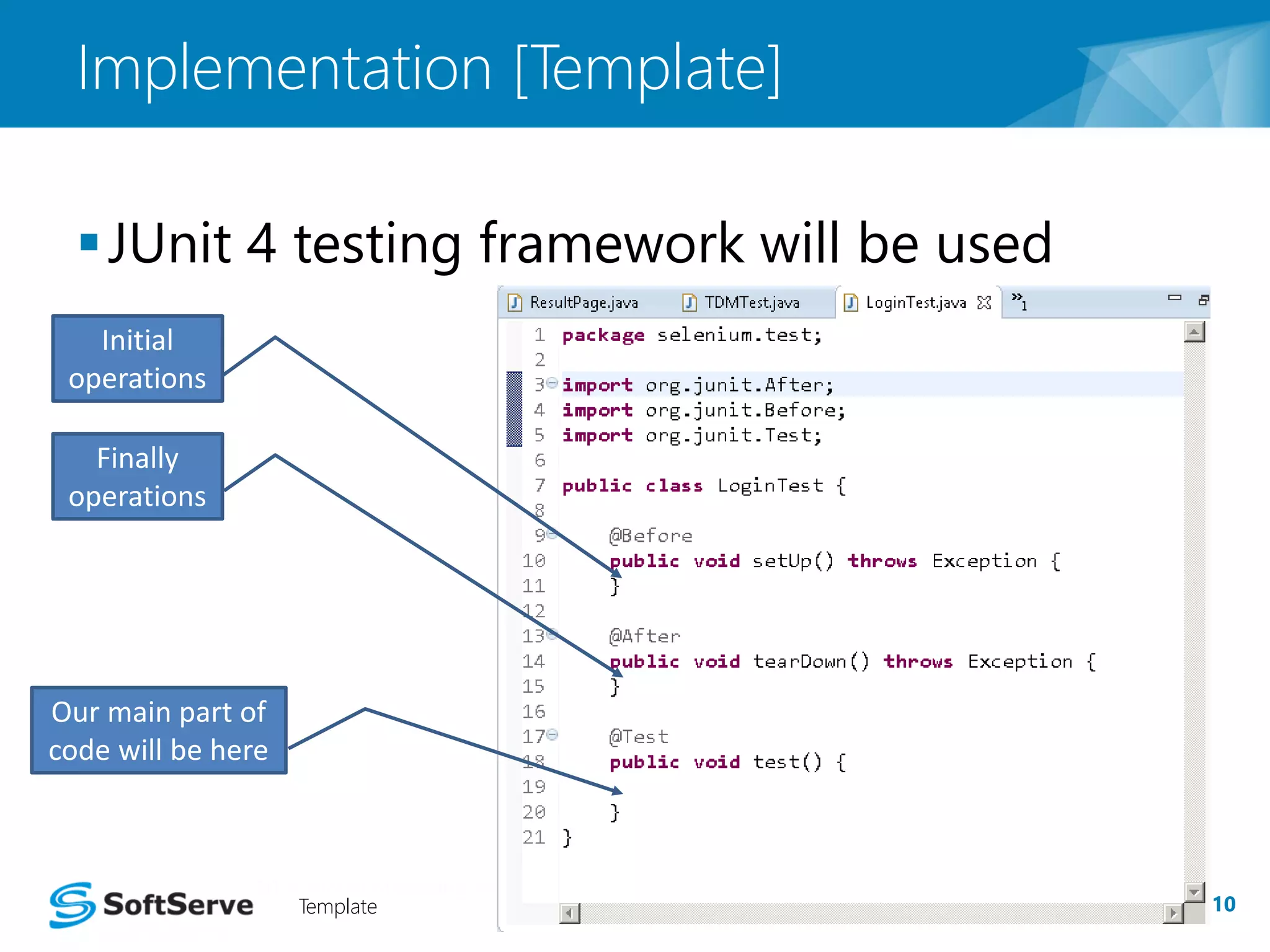 Implementation [Template] 
JUnit 4 testing framework will be used 
Template 10 
Initial 
operations 
Finally 
operations 
Our main part of 
code will be here 
 