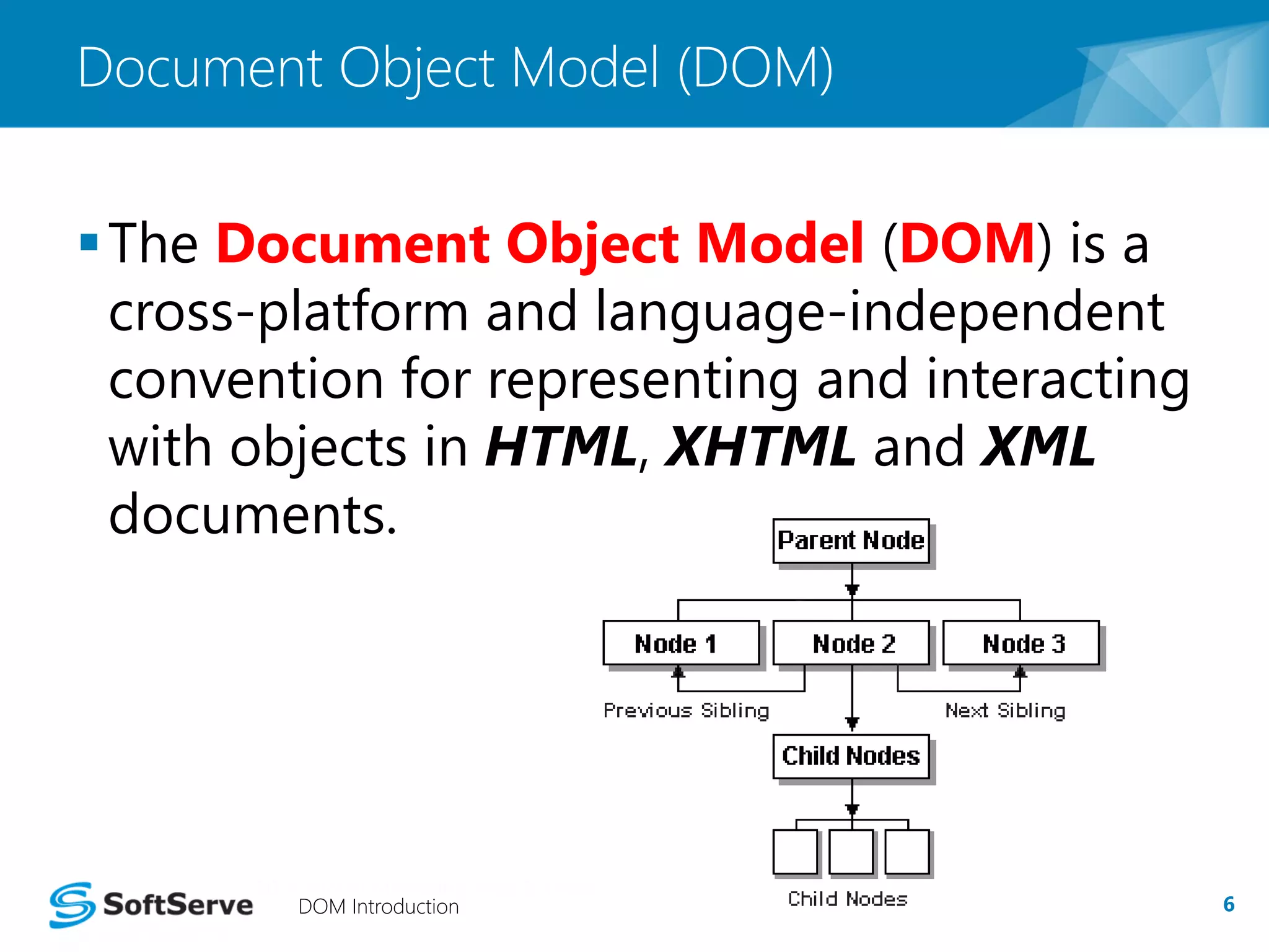 Document Object Model (DOM) 
The Document Object Model (DOM) is a 
cross-platform and language-independent 
convention for representing and interacting 
with objects in HTML, XHTML and XML 
documents. 
DOM Introduction 6 
 