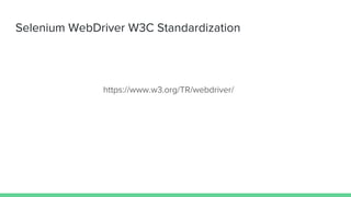 Selenium WebDriver W3C Standardization
https://www.w3.org/TR/webdriver/
 