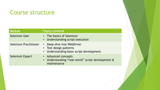 Course structure
2
Module Topics covered
Selenium User • The basics of Selenium
• Understanding script execution
Selenium Practitioner • Deep-dive into WebDriver
• Test design patterns
• Understanding basic script development
Selenium Expert • Advanced concepts
• Understanding “real-world” script development &
maintenance
 