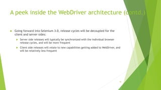 A peek inside the WebDriver architecture (contd.)
 Going forward into Selenium 3.0, release cycles will be decoupled for the
client and server sides:
 Server side releases will typically be synchronized with the individual browser
release cycles, and will be more frequent
 Client side releases will relate to new capabilities getting added to WebDriver, and
will be relatively less frequent
86
 