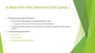 A deep-dive into Selenium Grid (contd.)
 Running scripts against the grid:
 Use the DesiredCapabilities and RemoteWebDriver APIs
 Specify the hub’s URL while instantiating the RemoteWebDriver
 Achieve parallelism using Java thread pools or TestNG as explained in the previous
session
 Cloud based grid solutions:
 Sauce Labs
 BrowserStack
 SmartBear CrossBrowserTesting
94
 