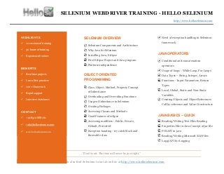 SELENIUM WEBDRIVER TRAINING - HELLO SELENIUM
http://www.helloselenium.com
“Don’t wait. The time will never be just right.”...