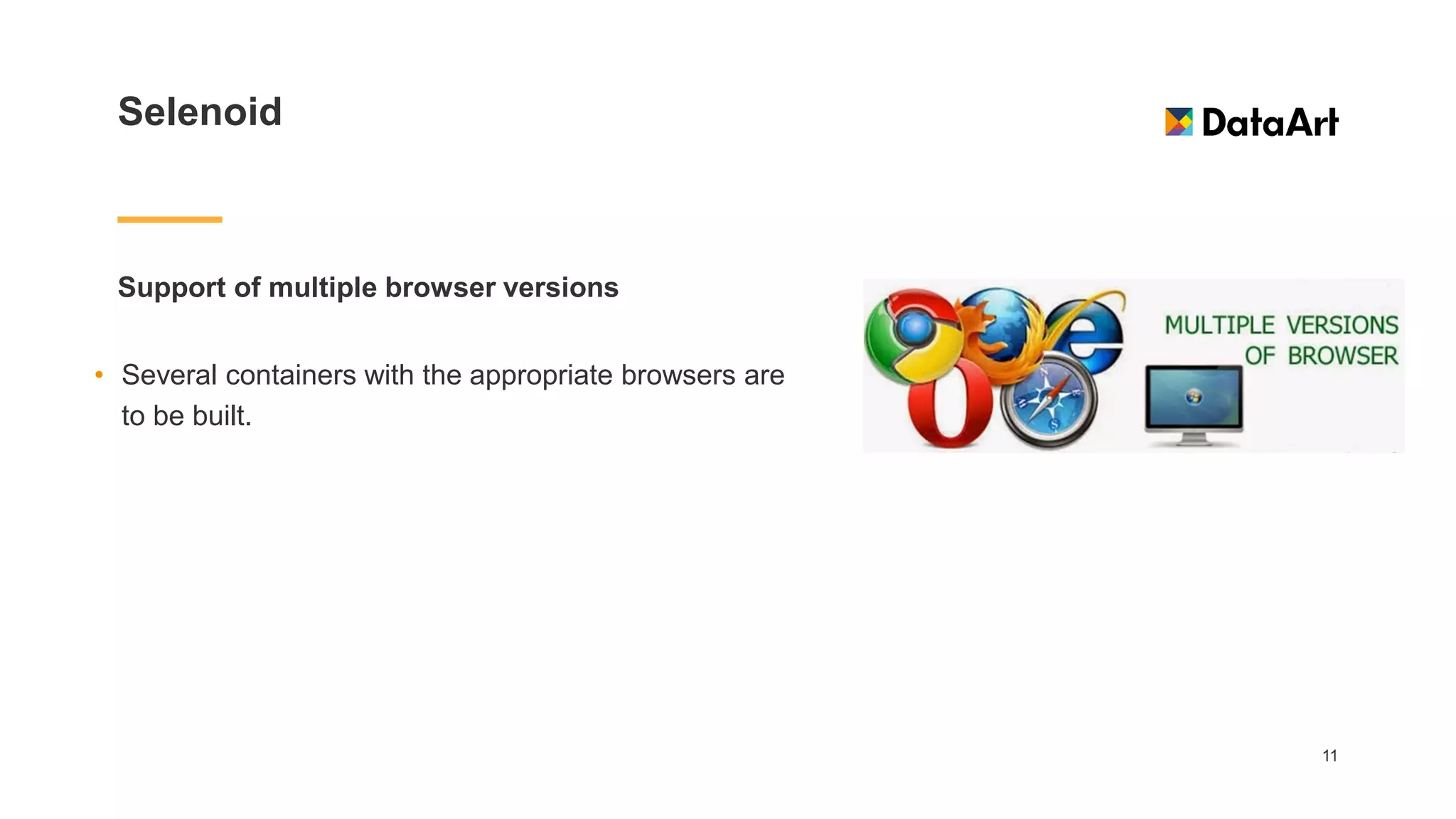 Selenoid
Support of multiple browser versions
11
• Several containers with the appropriate browsers are
to be built.
 