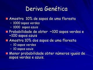 Migração
As populações podem ficar isoladas, e suas
 características genéticas ficam
 dominantes se sobrevivem no ambiente
 novo

Importante em tempo geológico, = 103 a
 106 anos.

As popuações podem ficar isoladas devido a
 topologia mutante da terra e do mar,
 incluindo os continentes migrantes.
 