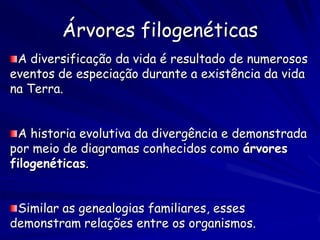 Tipos de Árvores
   Árvores evolutivas          Filogramas medem
    medem o tempo.                 a mudança.
                  tubarões
                                               cavalos do mar
                  cavalos do mar    tubarões      sapos
                                                    corujas
                  sapos        Raiz

Raiz              corujas                         jacarés
                                                   tatus
                  jacarés
                                   5% mudança       morcegos
                   tatus
50 milhões de anos morcegos
 