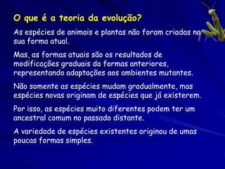 Observações em apoio do ponto de vista de
Darwin:
1. Os padrões geológicas revelam que a Terra é muito
mais antiga que pensado, suficiente antiga para um
processo gradual, como a seleção natural, exercer efeitos
grandes.
2. O registro fóssil indica que numerosas variações
existirem e foram extintas e que muitas espécies atuais
têm formas ancestrais.
3. A seleção artificial das espécies domesticadas revela o
mesmo processo básico.
4. As espécies diferentes de animais e plantas originam
de variações pequenas de poucas estruturas básicas.
5. A diferenciação refletia as diferencias das pressões
ambientais entre as formas isoladas das outras.
 