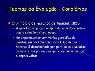 As raízes biológicas da
        variação
Mas –
  – A evolução somente favorece o organismo
    que melhor se adapta ao ambiente em que
    vive.
  – Se o ambiente muda, o padrão de vantagem
    seletiva também muda.
 