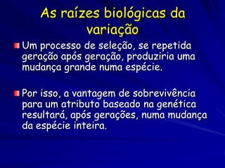 A Seleção
    Natural
 As evidencias da
 seleção natural
 estão em todo lugar:

 Na natureza …
… e também em
nossos animais
domesticados
 
