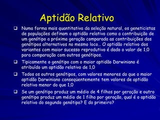 A Seleção Natural
Por isso, logicamente…
    Alguns indivíduos serão mais aptos no seu ambiente e
      reproduzirão com mais sucesso.

    Esses indivíduos transmitirão mais genes as gerações
      futuras.

    As gerações futuras terão mais genes dos indivíduos
      mais aptos.

    Assim, as característica evoluíram no tempo para
      assemelhar as características dos ancestrais mais
      aptos.
 