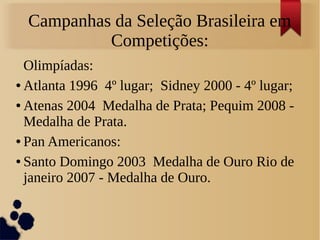 Campanhas da Seleção Brasileira em
Competições:
Olimpíadas:
● Atlanta 1996 4º lugar; Sidney 2000 - 4º lugar;
● Atenas 2004 Medalha de Prata; Pequim 2008 -
Medalha de Prata.
● Pan Americanos:
● Santo Domingo 2003 Medalha de Ouro Rio de
janeiro 2007 - Medalha de Ouro.
 