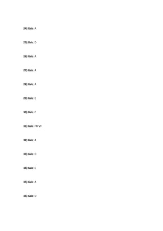 24) Gab: A 
25) Gab: D 
26) Gab: A 
27) Gab: A 
28) Gab: A 
29) Gab: E 
30) Gab: C 
31) Gab: FFFVF 
32) Gab: A 
33) Gab: D 
34) Gab: C 
35) Gab: A 
36) Gab: D 
 