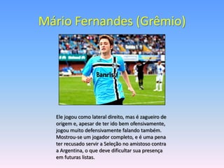Mário Fernandes (Grêmio)




  Ele jogou como lateral direito, mas é zagueiro de
  origem e, apesar de ter ido bem ofensivamente,
  jogou muito defensivamente falando também.
  Mostrou-se um jogador completo, e é uma pena
  ter recusado servir a Seleção no amistoso contra
  a Argentina, o que deve dificultar sua presença
  em futuras listas.
 