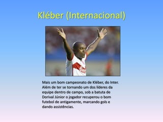 Kléber (Internacional)




 Mais um bom campeonato de Kléber, do Inter.
 Além de ter se tornando um dos líderes da
 equipe dentro de campo, sob a batuta de
 Dorival Júnior o jogador recuperou o bom
 futebol de antigamente, marcando gols e
 dando assistências.
 