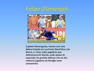 Felipe (Flamengo)




O goleiro flamenguista, mesmo com uma
defesa limitada em sua frente (David Braz, Léo
Moura, Jr. César, todos jogadores que,
defensivamente falando, estão abaixo do
esperado), fez grandes defesas e foi um dos
melhores jogadores do Mengão neste
campeonato.
 