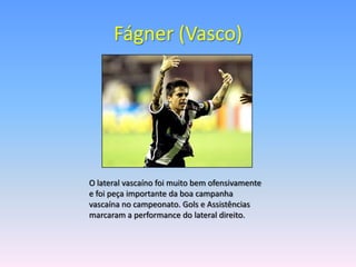 Fágner (Vasco)




O lateral vascaíno foi muito bem ofensivamente
e foi peça importante da boa campanha
vascaína no campeonato. Gols e Assistências
marcaram a performance do lateral direito.
 