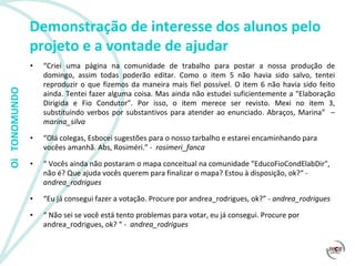 Demonstração de interesse dos alunos pelo projeto e a vontade de ajudar “ Criei uma página na comunidade de trabalho para postar a nossa produção de domingo, assim todas poderão editar. Como o item 5 não havia sido salvo, tentei reproduzir o que fizemos da maneira mais fiel possível. O item 6 não havia sido feito ainda. Tentei fazer alguma coisa. Mas ainda não estudei suficientemente a "Elaboração Dirigida e Fio Condutor". Por isso, o item merece ser revisto. Mexi no item 3, substituindo verbos por substantivos para atender ao enunciado. Abraços, Marina”  –  marina_silva “ Olá colegas, Esbocei sugestões para o nosso tarbalho e estarei encaminhando para vocêes amanhã. Abs, Rosiméri.” -  rosimeri_fanca  “  Vocês ainda não postaram o mapa conceitual na comunidade "EducoFioCondElabDir", não é? Que ajuda vocês querem para finalizar o mapa? Estou à disposição, ok?“ -  andrea_rodrigues “ Eu já consegui fazer a votação. Procure por andrea_rodrigues, ok?” -  andrea_rodrigues “  Não sei se você está tento problemas para votar, eu já consegui. Procure por andrea_rodrigues, ok? “ -  andrea_rodrigues 