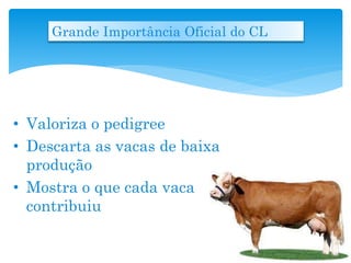 Grande Importância Oficial do CL
• Valoriza o pedigree
• Descarta as vacas de baixa
produção
• Mostra o que cada vaca
contribuiu
 