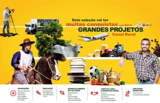 Esta seleção vai ter

muitas conquistas em 2014.

GRANDES PROJETOS

EAD Pecuária
EAD Máquinas
Planeta Campo
C.A.R.

DESENVOLVIMENTO
DE CULTURAS
Café Brasileiro
Milho
Sucroenergia
Campo Orgânico
Agricultura Familiar

CONTATO COM A
COMUNIDADE RURAL
Rural 3.0
Auditórios em Feiras
AgriMoney
Expo AgroRevenda
Feiras do Agronegócio

-----------------------------

EDUCAÇÃO

-----------------------------

Rota da Pecuária
Soja Brasil
Na estrada
Agrocapitais
Expedições de
Produção

-----------------------------

EXPEDIÇÕES

-----------------------------

Canal Rural

CIRCUITOS
EQUESTRES
Freio de Ouro
Circuito Quarto de Milha

 