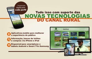 Programação

digital para
cada perfil

Tudo isso com suporte das

NOVAS TECNOLOGIAS
DO CANAL RURAL

Aplicativos mobile para melhorar
a experiência do público
Informação, lances de leilões
e compras via iPhone e iPad
Disponível para smartphone e
tablets Android e Smart TVs Samsung

 