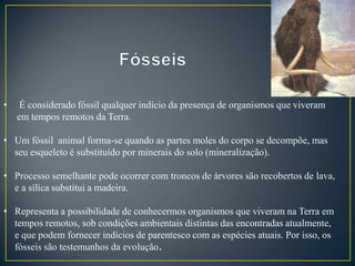 •

É considerado fóssil qualquer indício da presença de organismos que viveram
em tempos remotos da Terra.

• Um fóssil animal forma-se quando as partes moles do corpo se decompõe, mas
seu esqueleto é substituído por minerais do solo (mineralização).
• Processo semelhante pode ocorrer com troncos de árvores são recobertos de lava,
e a sílica substitui a madeira.
• Representa a possibilidade de conhecermos organismos que viveram na Terra em
tempos remotos, sob condições ambientais distintas das encontradas atualmente,
e que podem fornecer indícios de parentesco com as espécies atuais. Por isso, os
fósseis são testemunhos da evolução.

 
