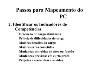 Passos para Mapeamento do
                    PC
2. Identificar os Indicadores de
    Competências
     Descrição de cargo atualizada
     Principais dificuldades do cargo
     Maiores desafios do cargo
     Maiores erros cometidos
     Mudanças ocorridas na área ou função
     Mudanças previstas em curto prazo
     Projetos a serem desenvolvidos
 