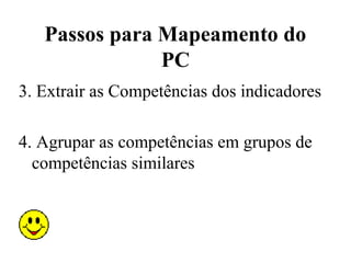 Passos para Mapeamento do
               PC
3. Extrair as Competências dos indicadores

4. Agrupar as competências em grupos de
  competências similares
 